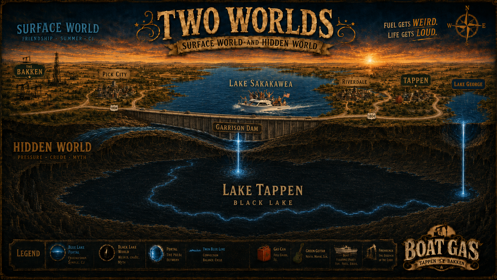 BOAT GAS world map — Surface World above, Hidden World below, joined by the thin blue line