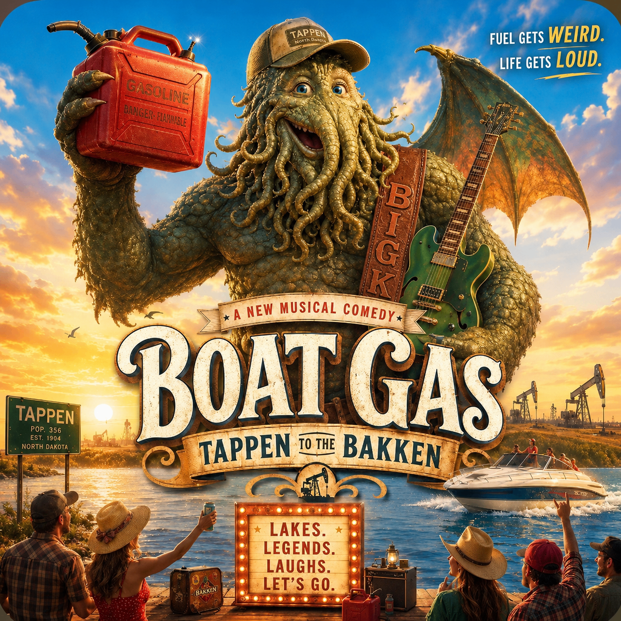 BOAT GAS poster reference — Big K with the red gas can and green guitar over Tappen