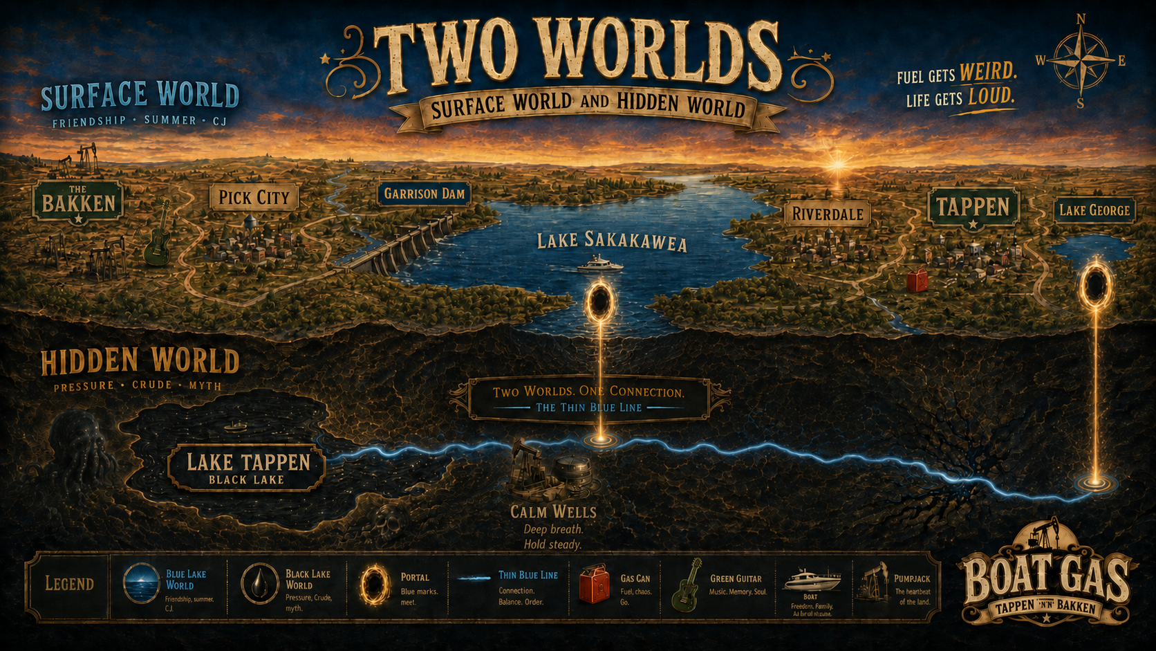 BOAT GAS world map — Surface World above, Hidden World below, joined by the thin blue line